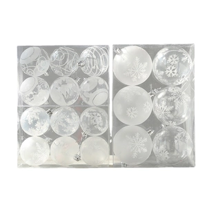 Set of 6cm transparent and white frosted Christmas balls with snowflake patterns in PVC box