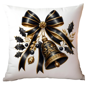 Detail of luxury black and gold Christmas bow and bells printed on a beige cushion cover