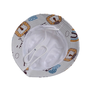 White kids bucket hat with lion and rainbow prints featuring adjustable windproof cord