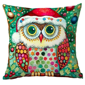 Christmas pillow cover with watercolor owl illustration on high quality fabric square cushion