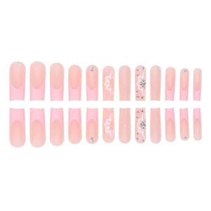 24pcs long coffin press-on nails with pink glitter, floral relief, and rhinestones