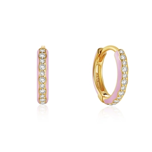 Detail view of 925 silver gold-plated hoop earrings with pink enamel and white zircon stones