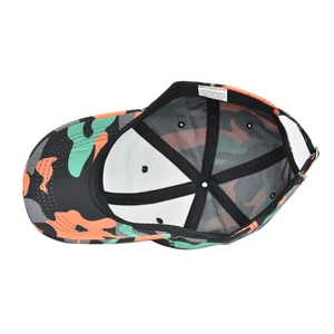 Detail view of camouflage baseball cap interior with black seams and 100% polyester care label