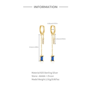 Detail view of 925 sterling silver gold earrings with blue zircon and exact dimensions