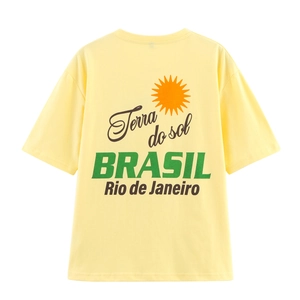 T-shirt da donna giallo chiaro con stampa Brasile sole e Rio de Janeiro sulla schiena