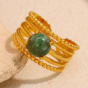 Layered 18K gold plated stainless steel ring with a round green emerald stone