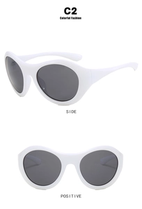 Detailed side and front view of futuristic Y2K oversized white frame sports sunglasses