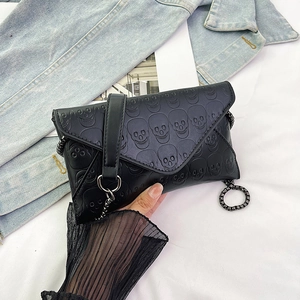 Women Skull Embossed Envelope Evening Bag PU Leather Metal Chain Punk Gothic Crossbody Shoulder Clutch