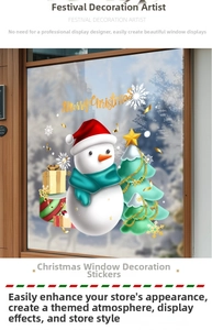 Detailed Christmas window decals showing a snowman and tree on a glass surface