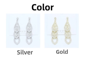 Detail view of gold and silver layered drop earrings with S925 silver posts and rhinestones