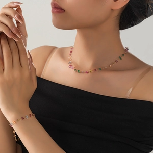 Natural Stone Beaded Necklace And Bracelet Irregular Colorful Gemstone Stainless Steel Chain Jewelry For Women
