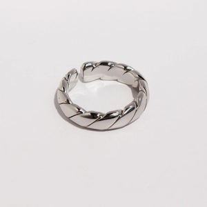 Minimalist silver braided wave twist open ring with polished adjustable metal finish