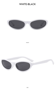 Front and side views of oval cat eye sunglasses with white frames and black lenses