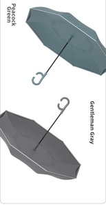 Close-up of dual-layer inverted umbrella with C-shaped hands-free handle design