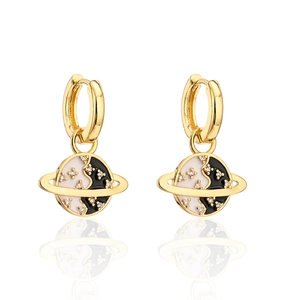 18K gold plated earth planet hoop earrings with black and white enamel and crystals