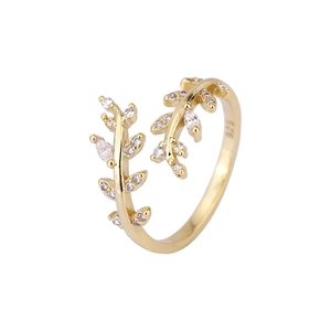 Minimalist adjustable open leaf ring in 925 sterling silver with sparkling cubic zirconia