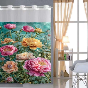 Close-up of waterproof shower curtain with pink peony print and metal grommet top