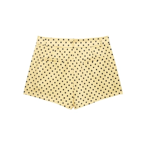 Detailed back view of yellow high-waisted polka dot shorts featuring neat welt pockets