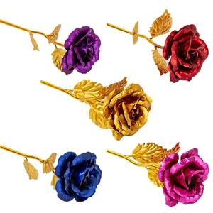 Five colorful gold foil roses in purple red gold blue and pink with metallic stems