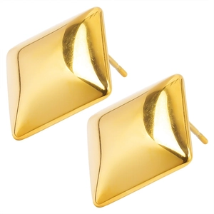 Macro detail of geometric rhombus earrings in polished gold-plated stainless steel finish