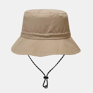 Detail of khaki waterproof sun hat with adjustable chin strap and quick-dry fabric