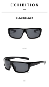 Front and side views of black polarized cycling sunglasses with anti-slip temple texture