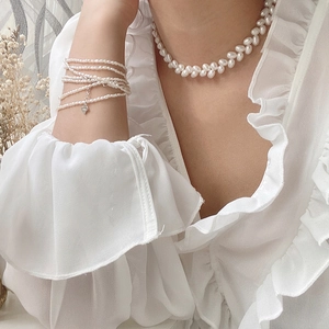 French vintage gold plated leaf pearl necklace and multilayer bracelet with heart charm