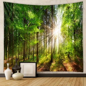 Macro detail of high-definition forest tapestry showing morning sunlight through dense trees