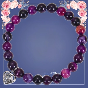 Detail of purple bead bracelet with heart projection charm on daughter gift card