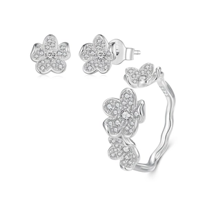 925 Sterling Silver Flower Jewelry Adjustable Ring And Stud Earrings With Cubic Zirconia For Women Elegant Sparkly Accessory