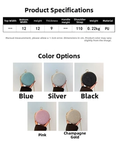 Size chart for round glitter evening bag with PU leather specs and five color options