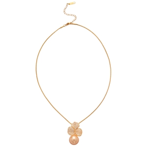 Gold plated flower necklace with zircon paved petals and a large pearl drop pendant