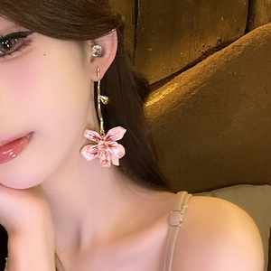 Pink floral drop earrings with gold hooks and delicate gradient petals for a sweet look
