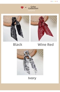 Three-piece bandana print silk scrunchie set with streamers in black, red, and white colors
