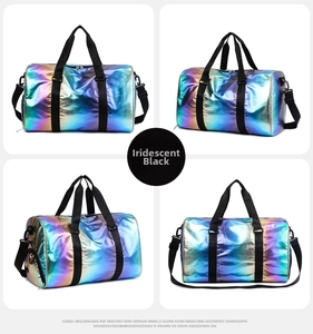 Iridescent black fitness travel bag with separate shoe compartment and nylon straps