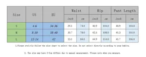 Polka dot denim jeans size chart with waist and hip measurements in inches and cm