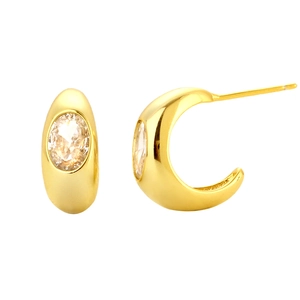 Minimalist S925 silver C-shaped gold earrings with oval clear gemstones on white background