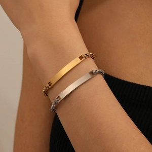 Minimalist Rectangular Bar ID Bracelet 316L Stainless Steel Polished Link Chain Fashion Jewelry For Women