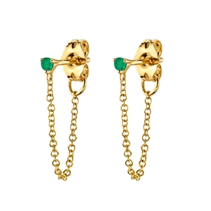 Macro detail of gold chain drop earrings featuring vibrant green round-cut zircon stones