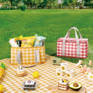 Foldable insulated picnic basket in yellow and red plaid on a sunny grass field