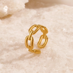 Adjustable stainless steel oval chain link ring with 18K gold plating for women