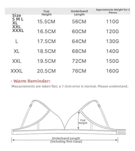 Detailed size chart for U-back backless wireless bra with cup height and band measurements