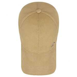 Light khaki cotton baseball cap with mountain logo embroidery and hard top design