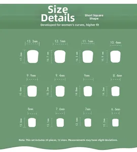 Size details chart for short square press-on nails showing width and length dimensions