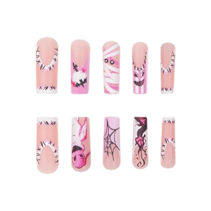 Halloween pink coffin press-on nails set with spider web and ghost character designs