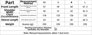 Detailed size chart for chiffon blouse showing length, shoulder, and bust measurements
