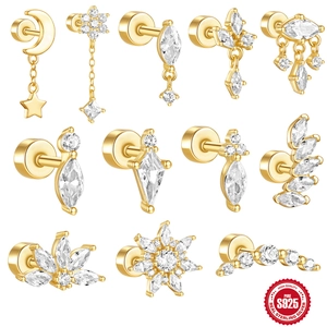 925 Sterling Silver Zirconia Labret Ear Cartilage Stud Geometric Flat Back Piercing Gold Moon Star Flower Jewelry For Women