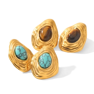 Vintage stainless steel earrings with tiger eye and turquoise stone in wavy gold setting