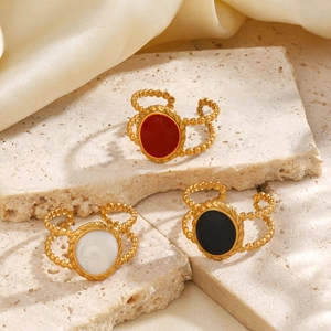 18K gold plated stainless steel oval enamel rings with vintage braided texture band