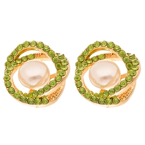 Vintage gold stud earrings featuring white pearls and emerald green rhinestones detail